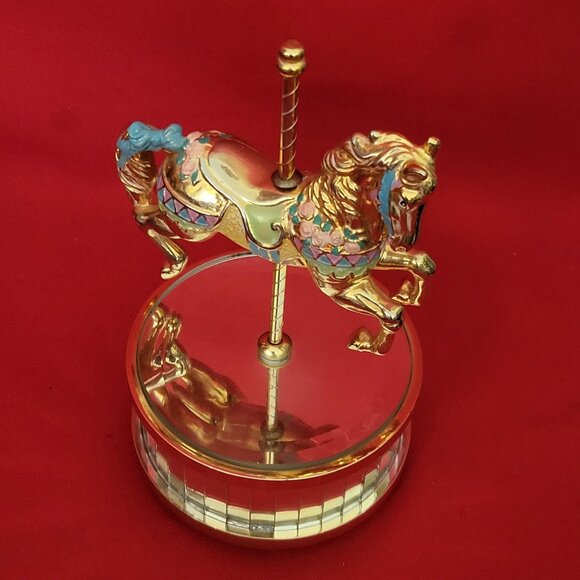 Vintage Musical Golden Metal Horse Revolving Carousel Mirrored Base - Picture 3 of 13